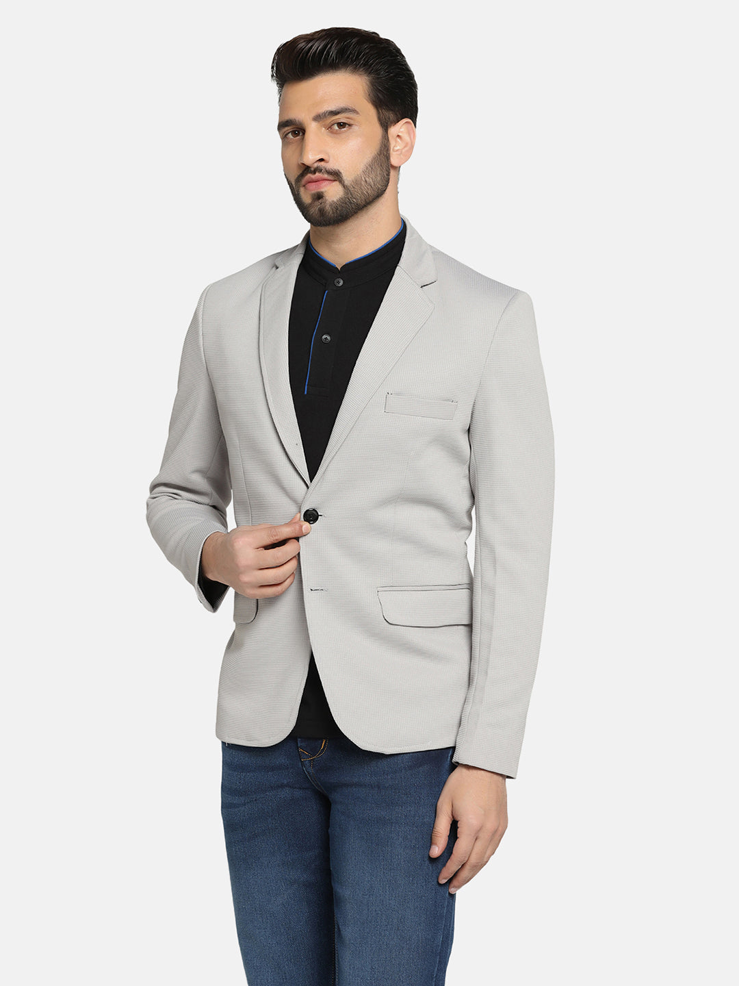 Men Grey stretchable Textured Blazer - Tahvo India