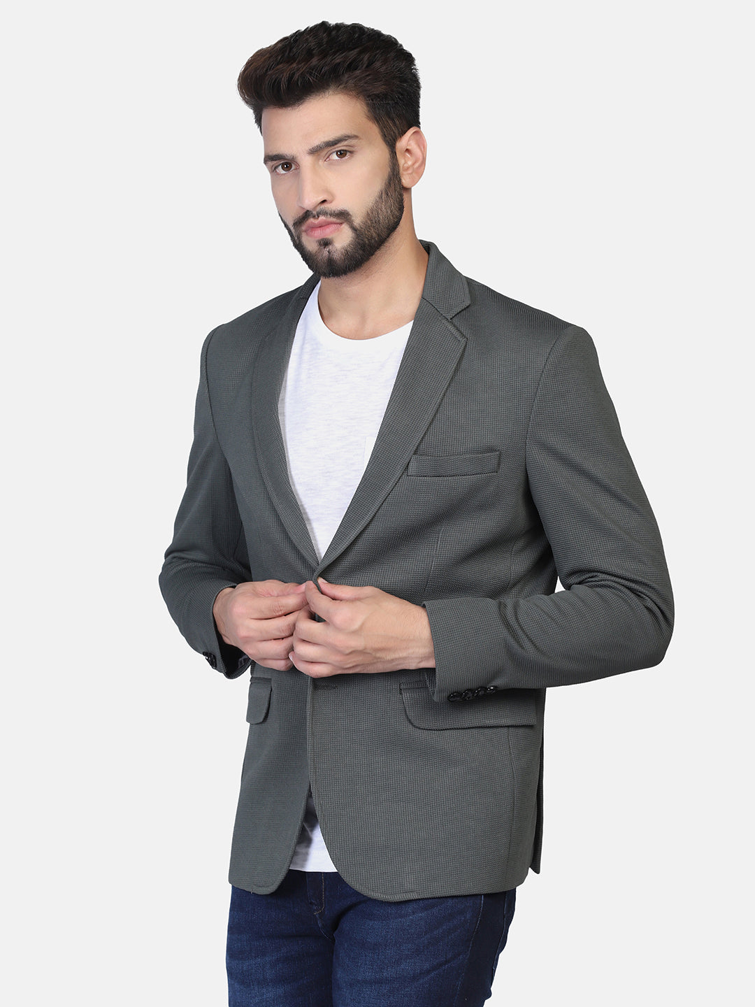 Green Textured Stretchable Blazer - Tahvo India