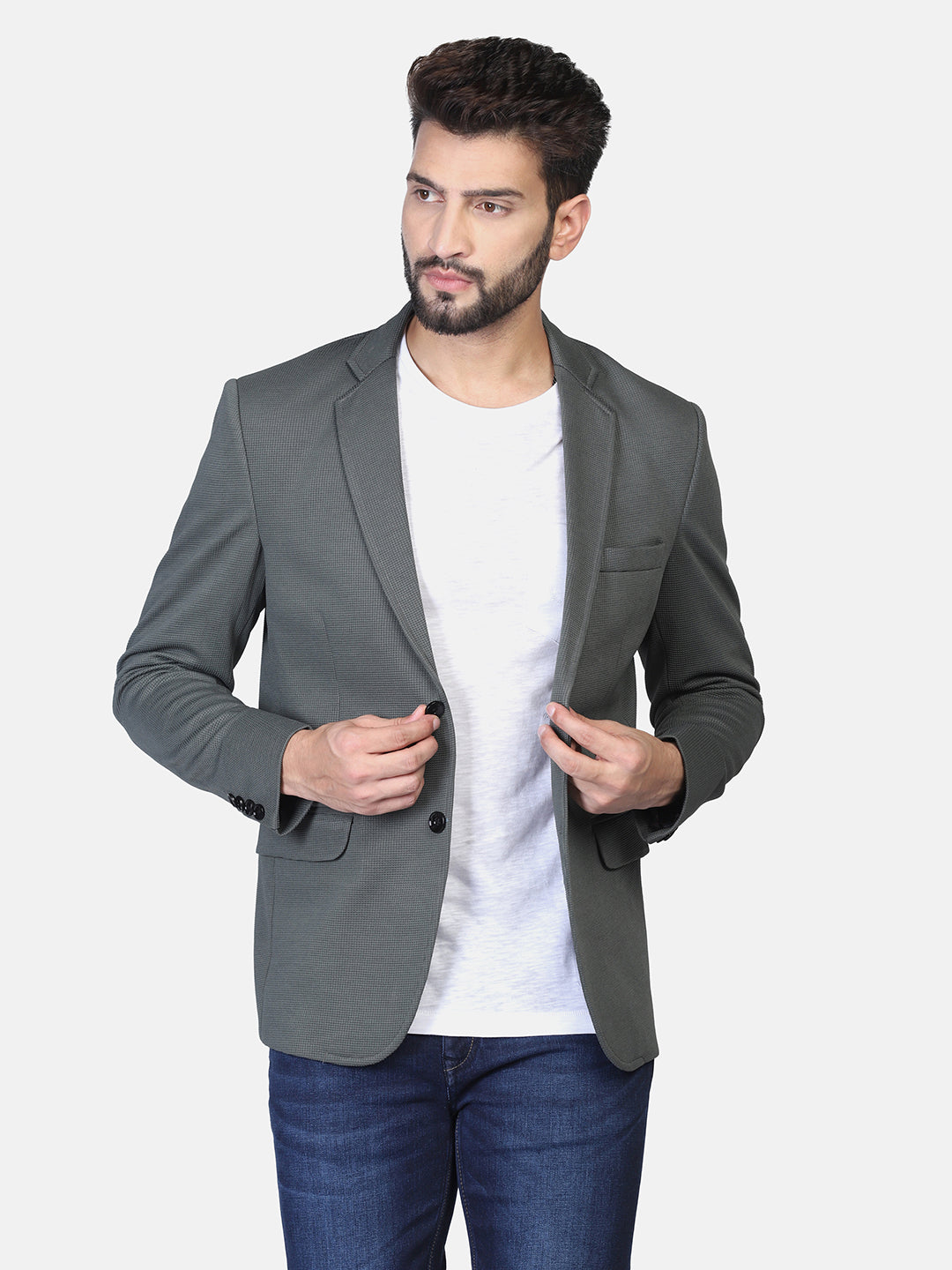 Green Textured Stretchable Blazer - Tahvo India