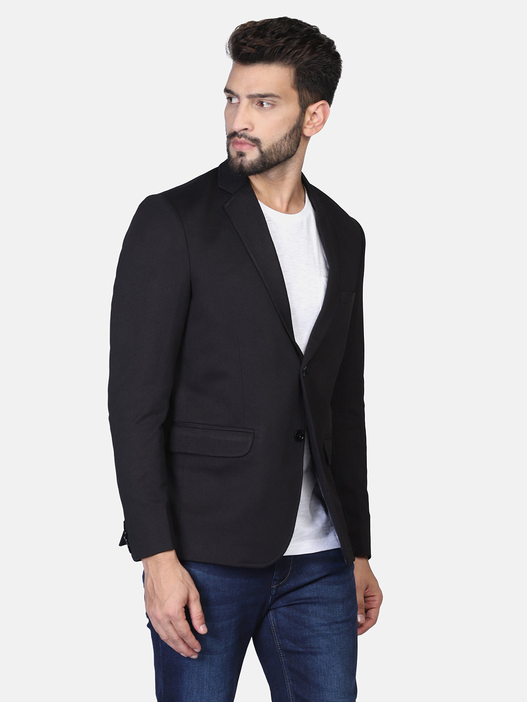 Black Textured Stretchable Blazer - Tahvo India