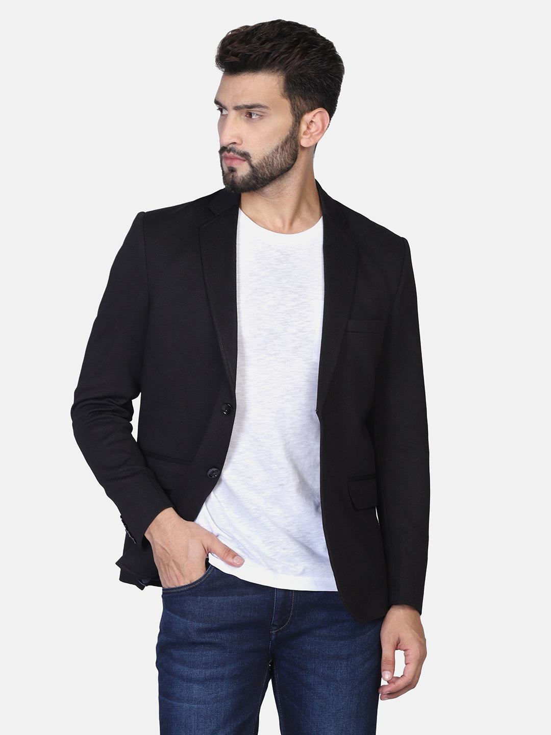 Black Textured Stretchable Blazer - Tahvo India