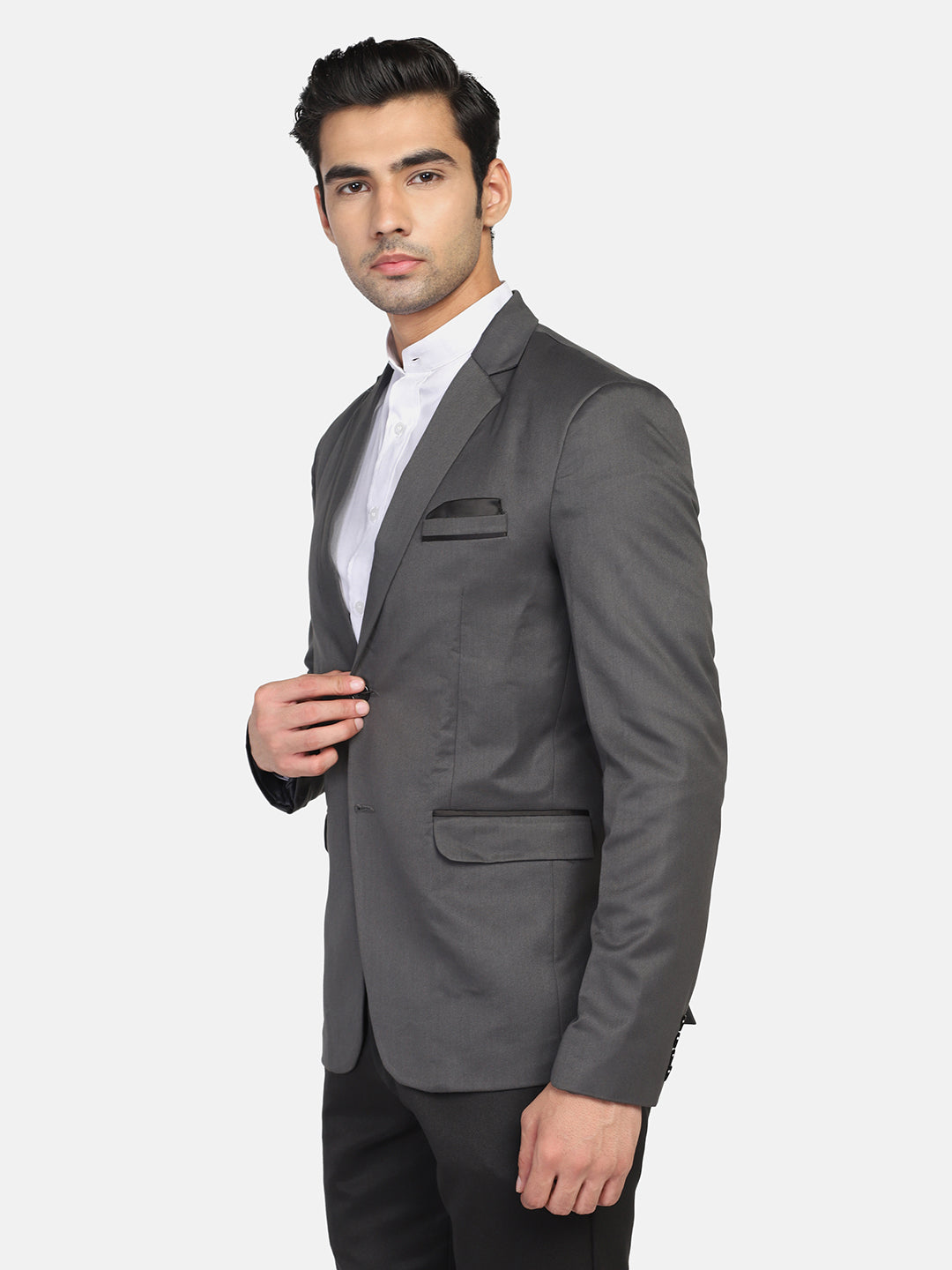 Grey Notched Lapel Blazer With Hanky - Tahvo India