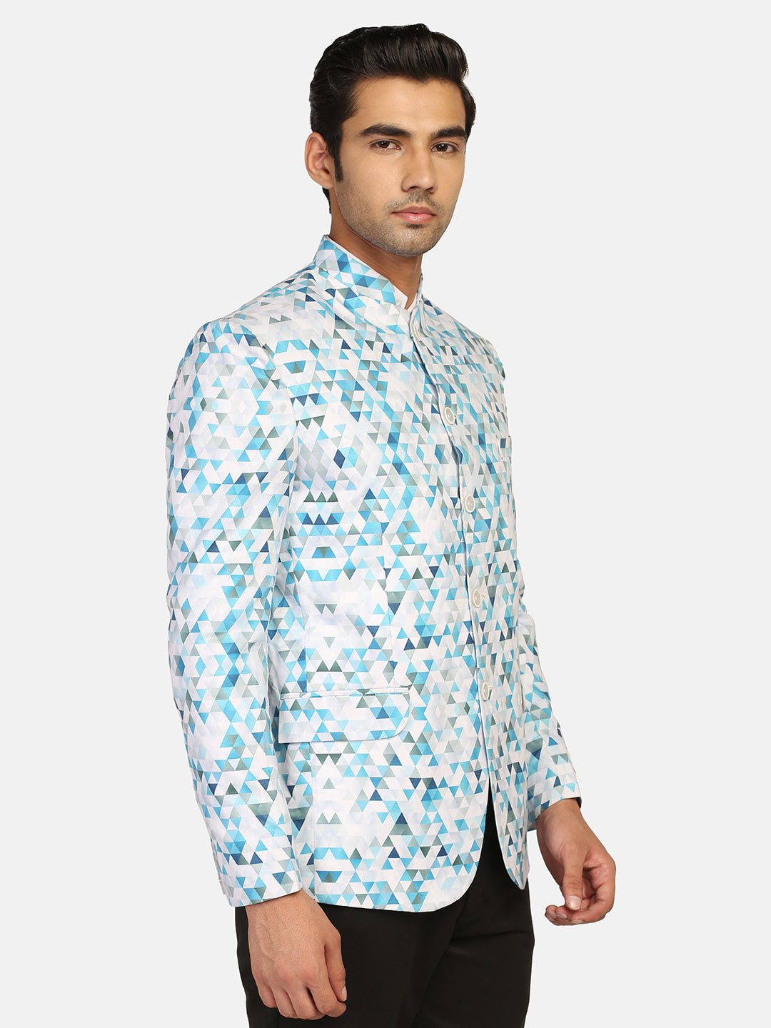 White Printed Bandgala Blazer - Tahvo India