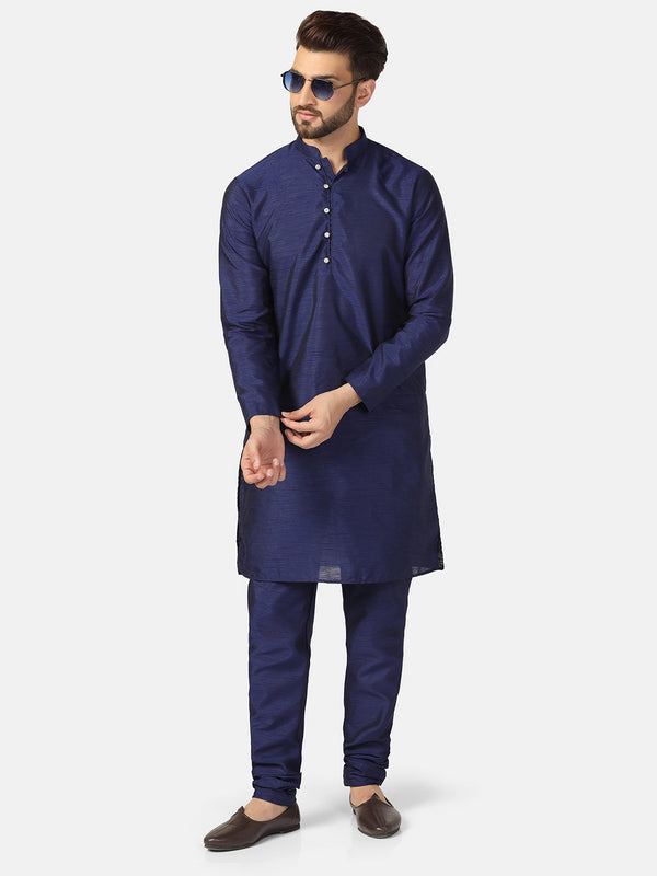 Men Navy Blue Solid Kurta Set