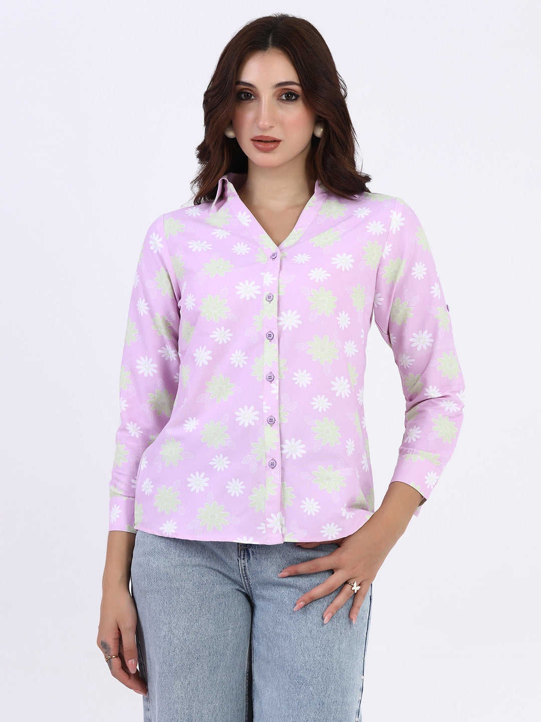 Women Printed V neck collared shirt
