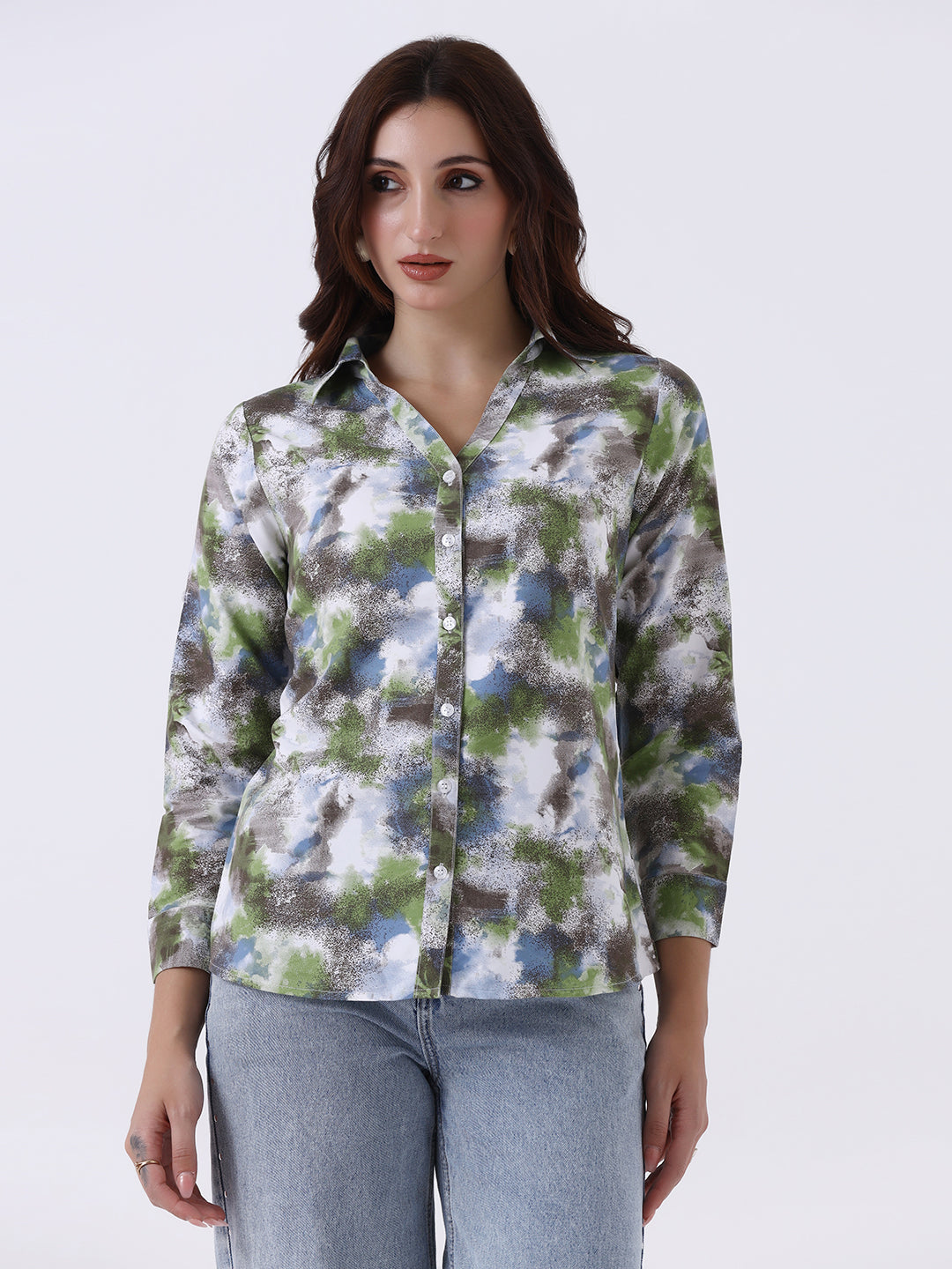 Women Printed V neck collared shirt