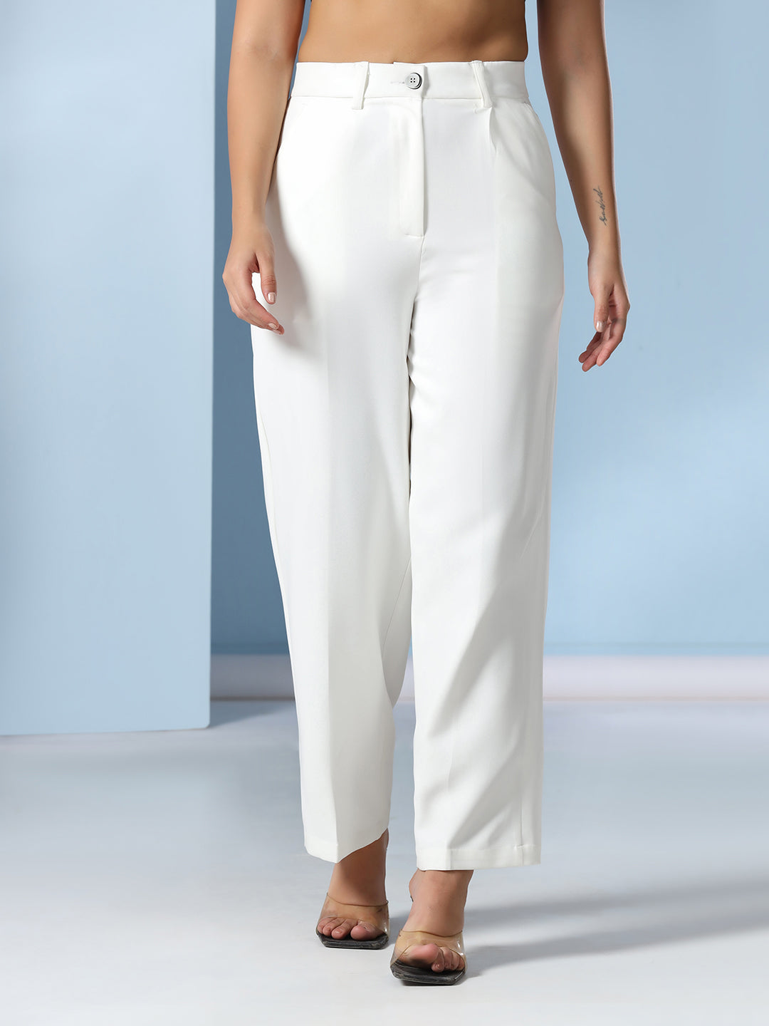 Women white wide leg pleated trousers