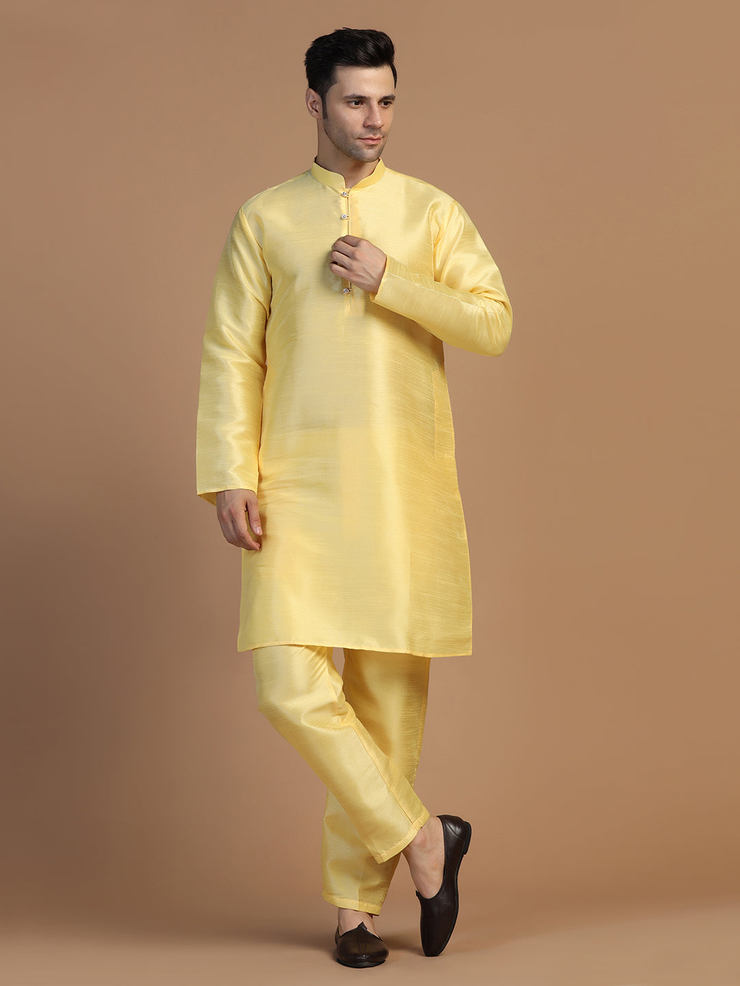 Yellow Dupion Plain Kurta Set - Tahvo India