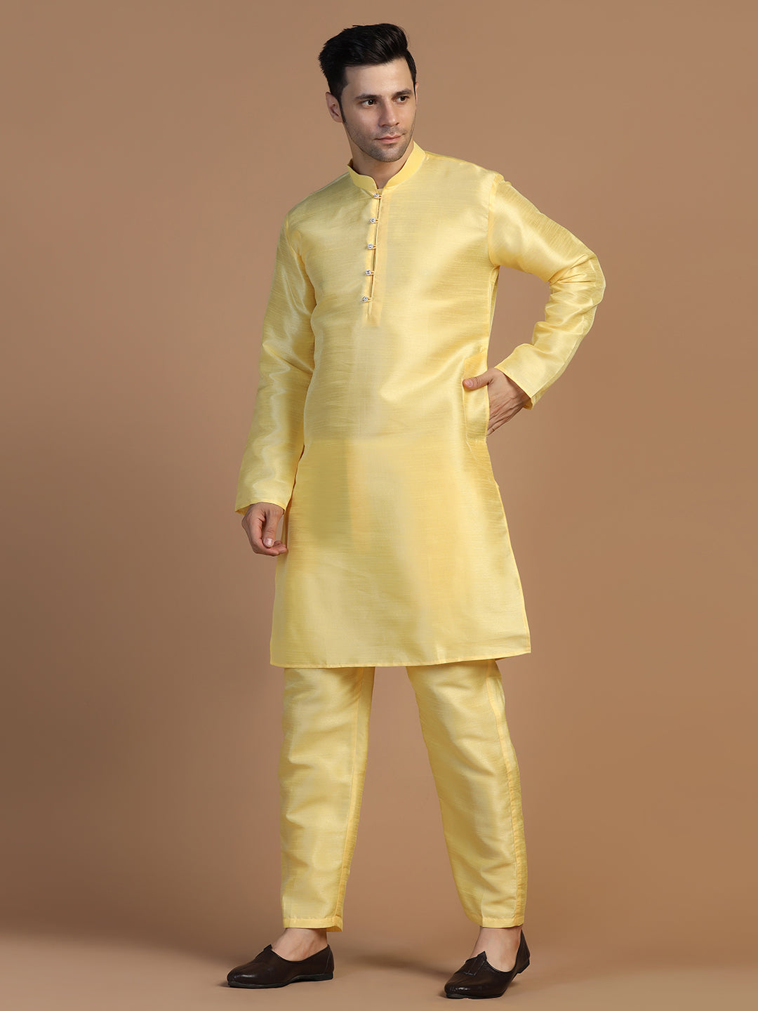 Yellow Dupion Plain Kurta Set - Tahvo India