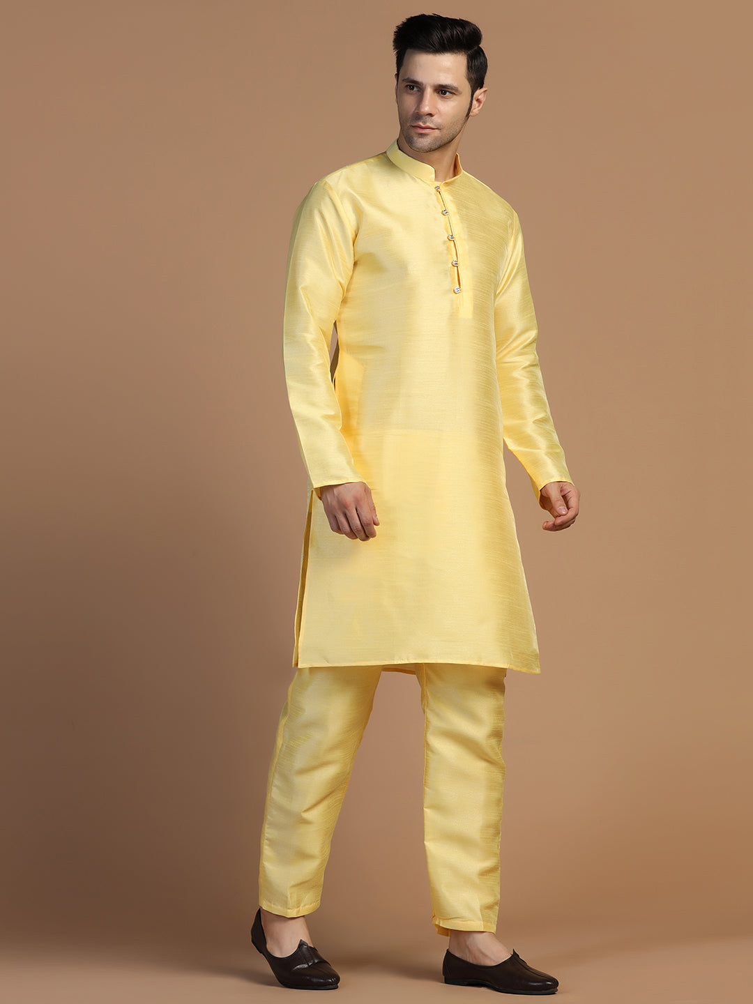 Yellow Dupion Plain Kurta Set - Tahvo India