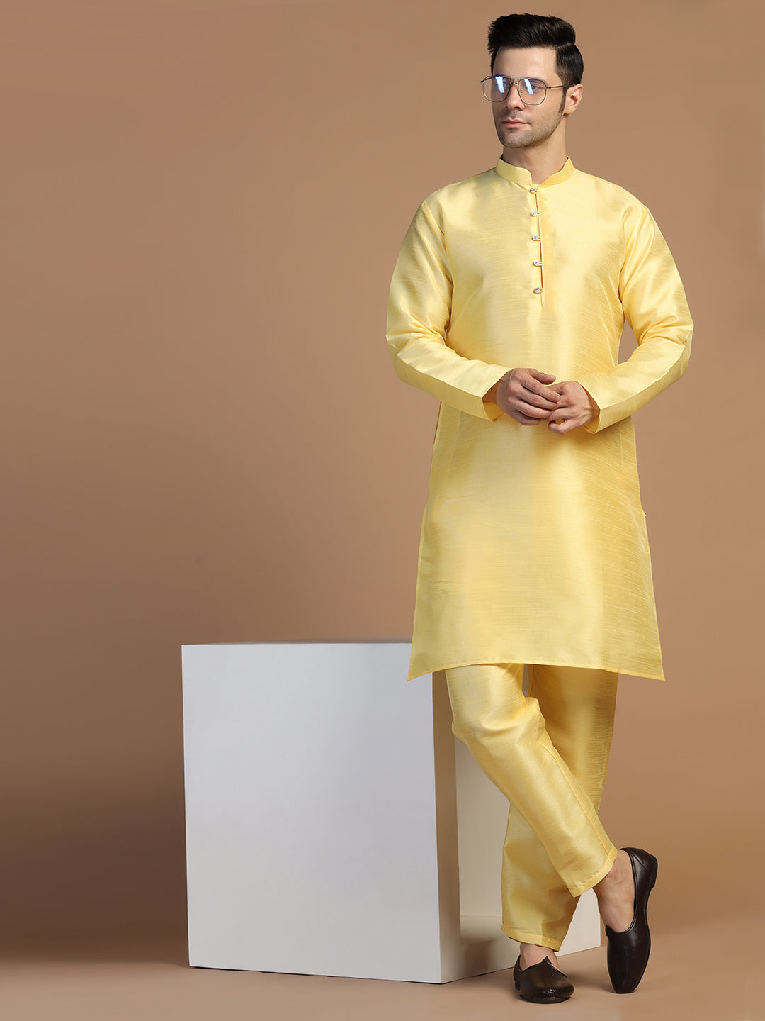Yellow Dupion Plain Kurta Set - Tahvo India