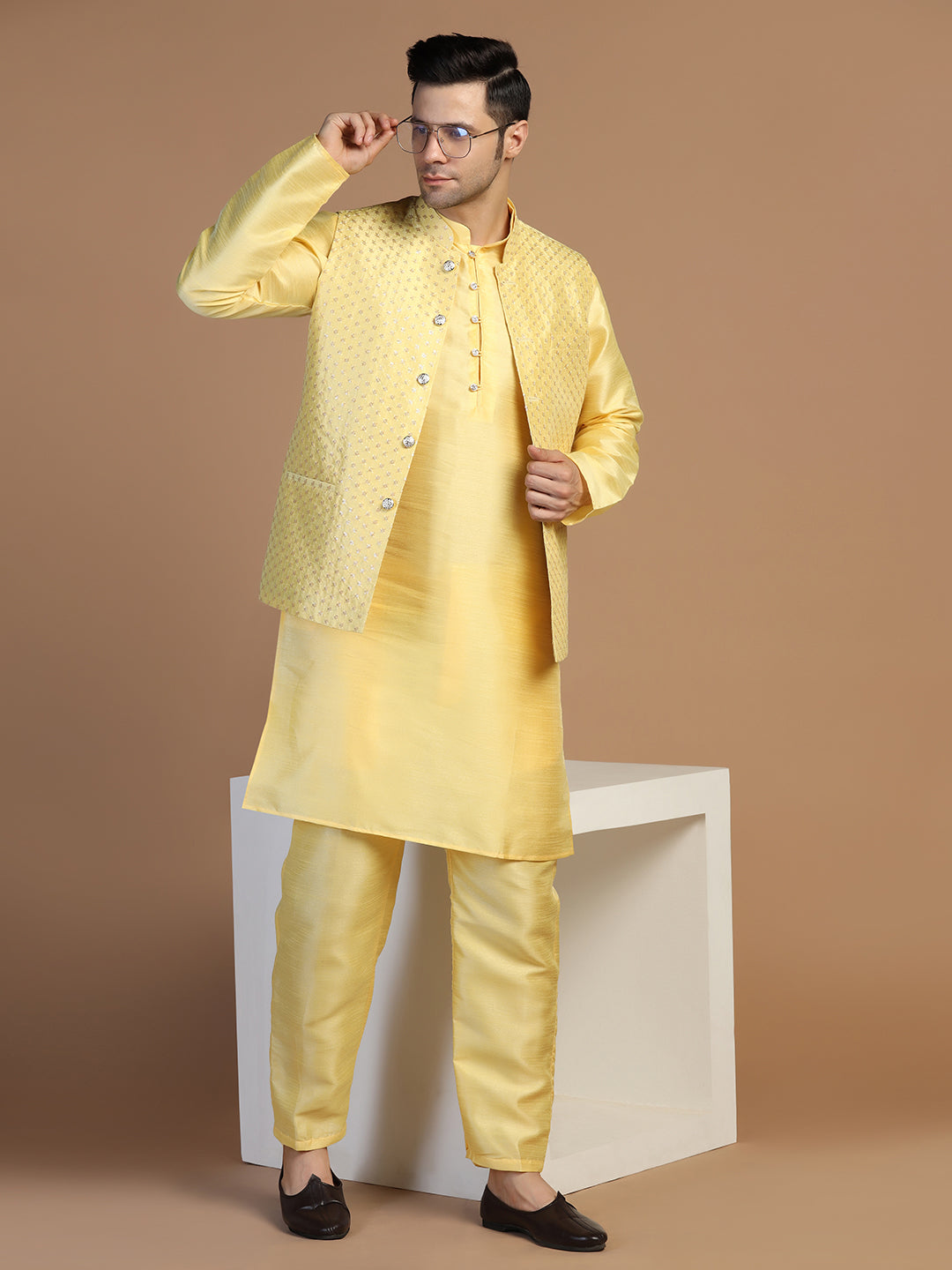Yellow Kurta Set With Embroidered Jacket For Men - Tahvo India