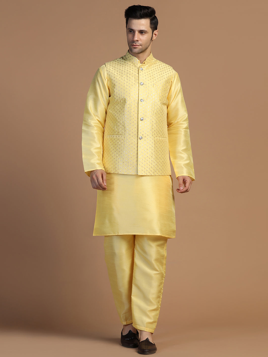 Yellow Kurta Set With Embroidered Jacket For Men - Tahvo India