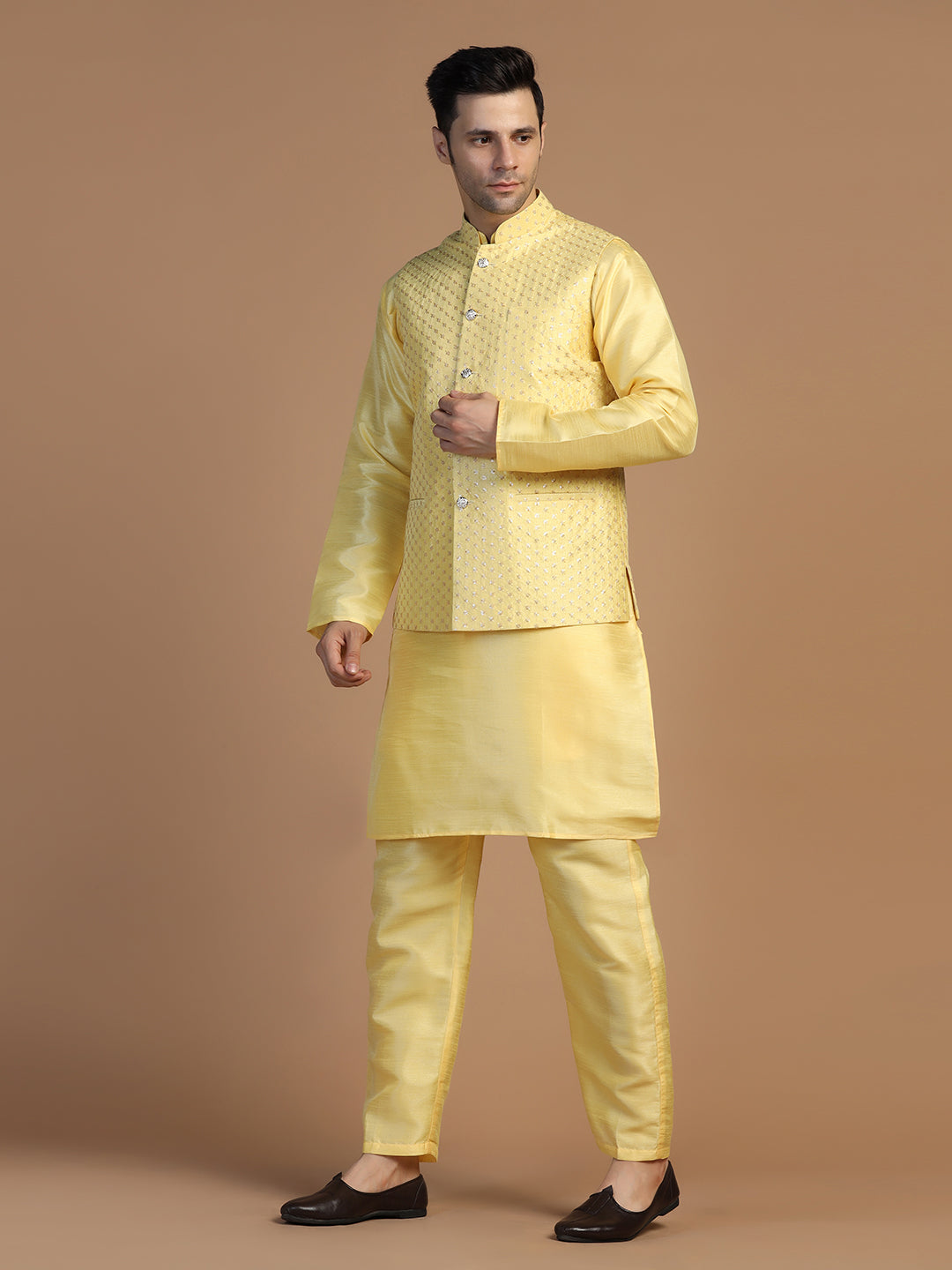 Yellow Kurta Set With Embroidered Jacket For Men - Tahvo India