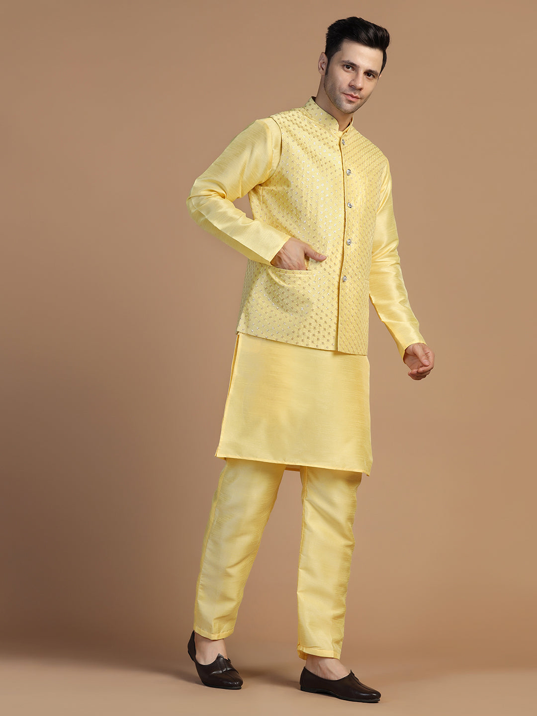 Yellow Kurta Set With Embroidered Jacket For Men - Tahvo India