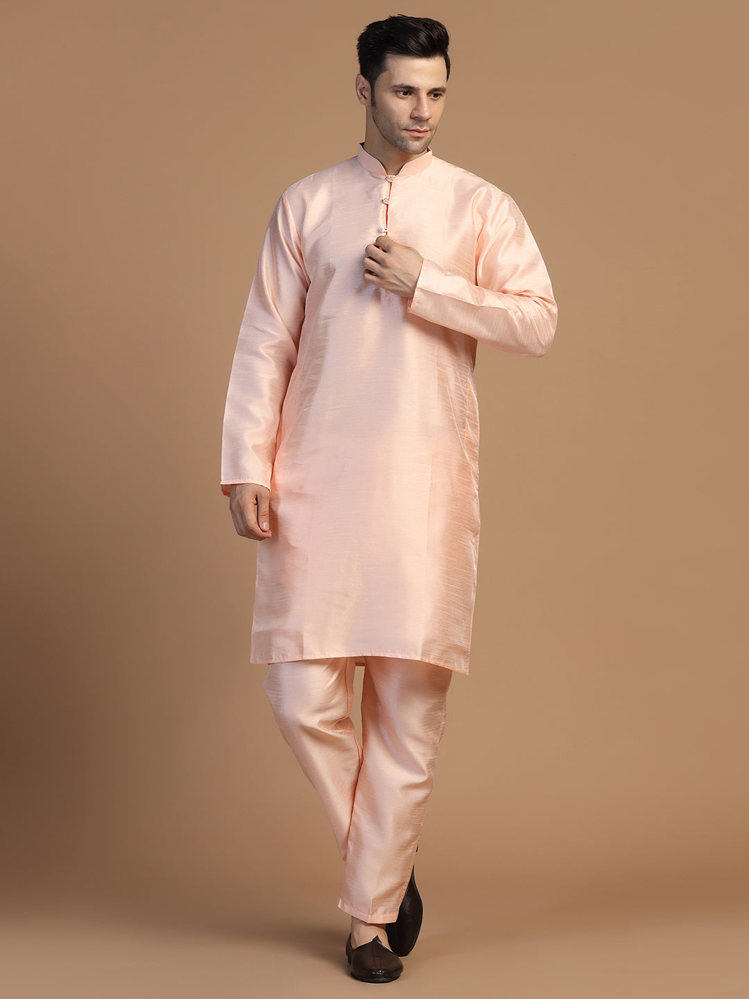 Peach Dupion Kurta Set - Tahvo India