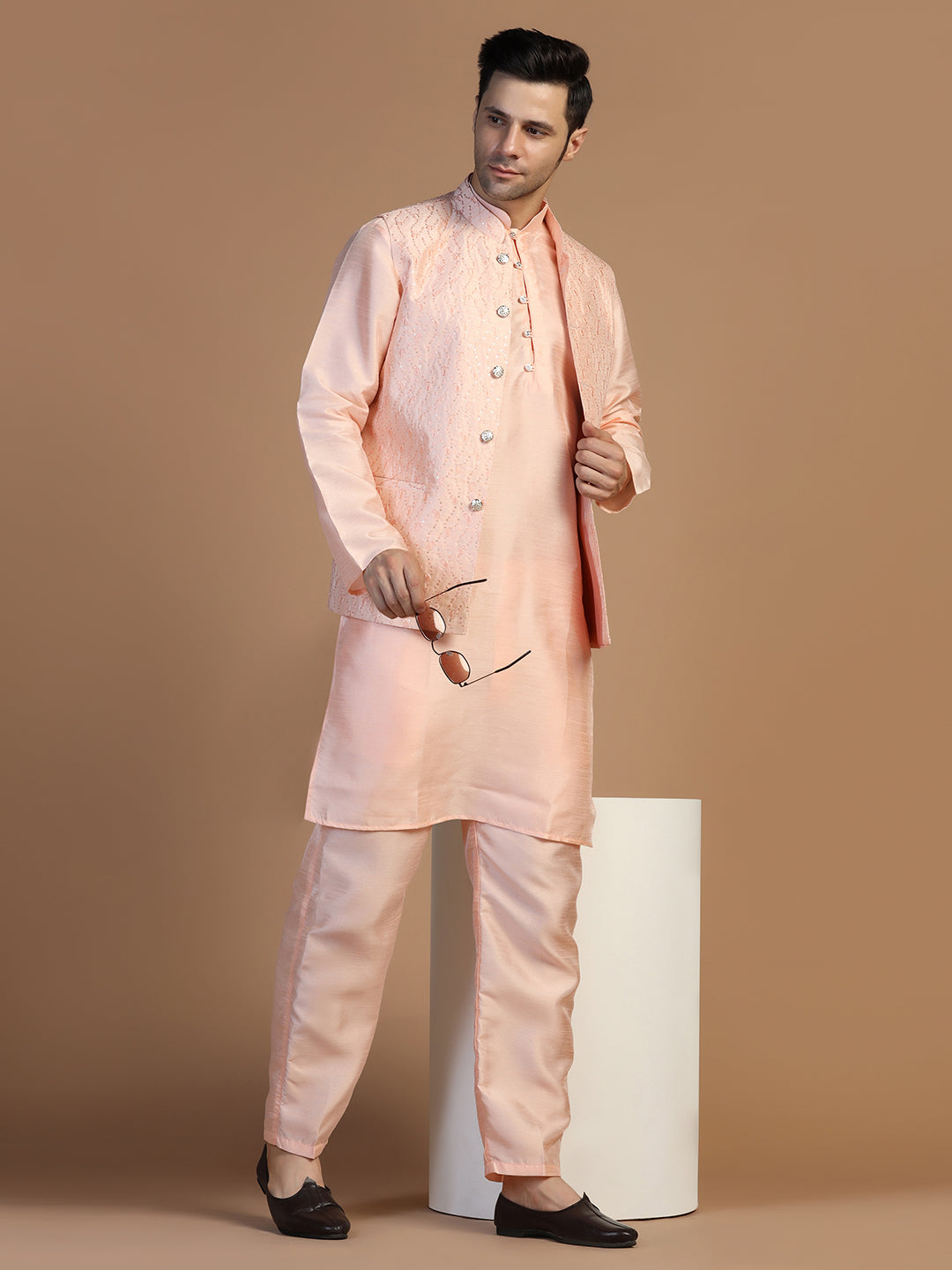 Peach Kurta Set With Embroidered Jacket For Men - Tahvo India