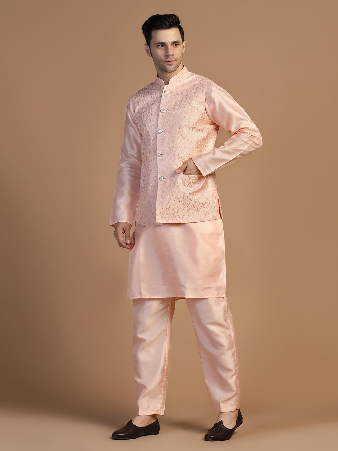 Peach Kurta Set With Embroidered Jacket For Men - Tahvo India