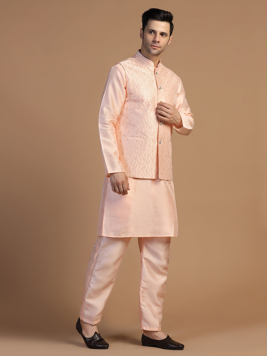 Peach Kurta Set With Embroidered Jacket For Men - Tahvo India