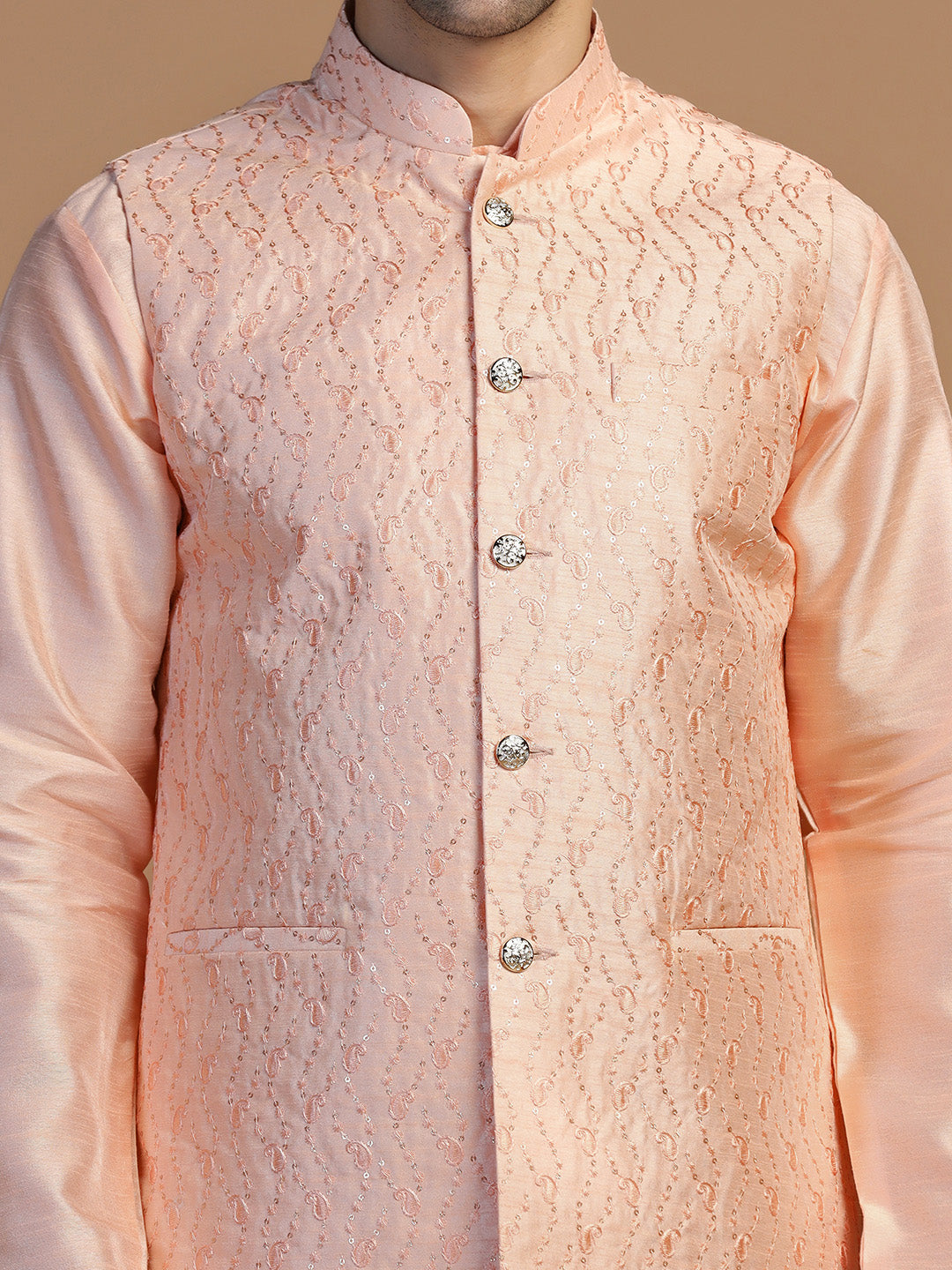 Peach Kurta Set With Embroidered Jacket For Men - Tahvo India