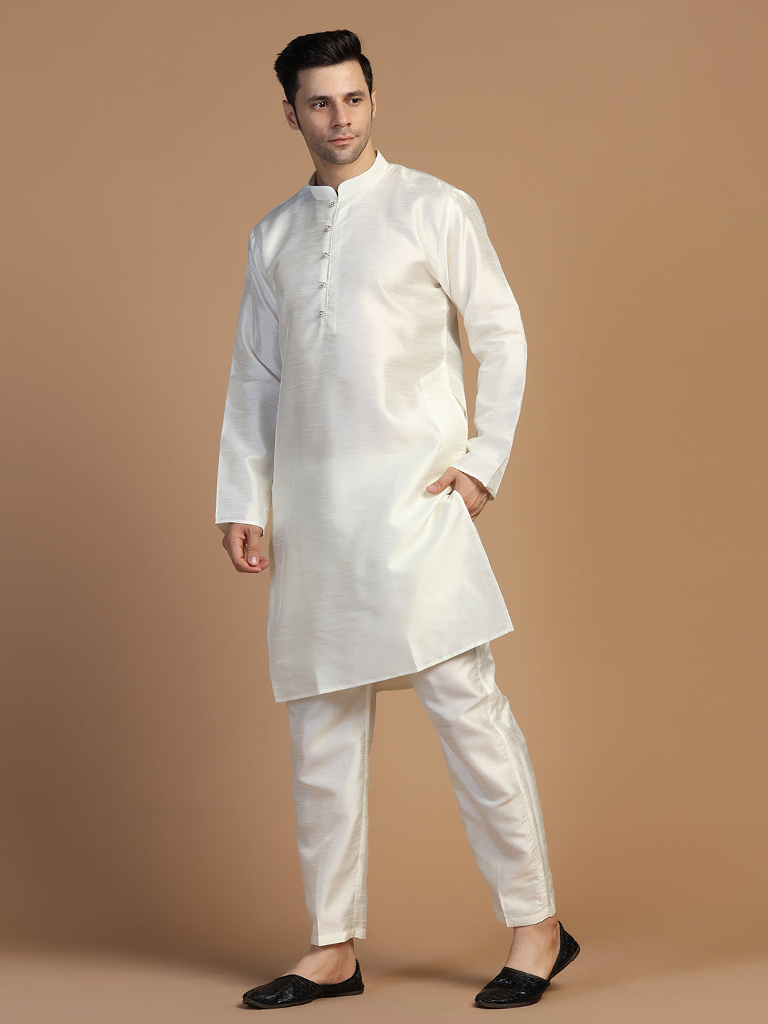 White Plain Dupion Kurta Set - Tahvo India