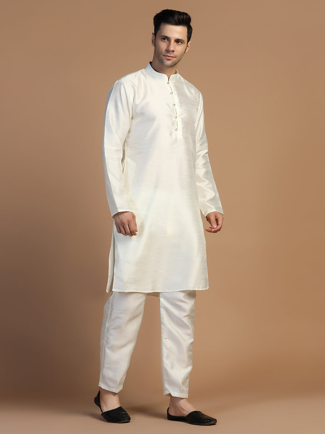 White Plain Dupion Kurta Set - Tahvo India