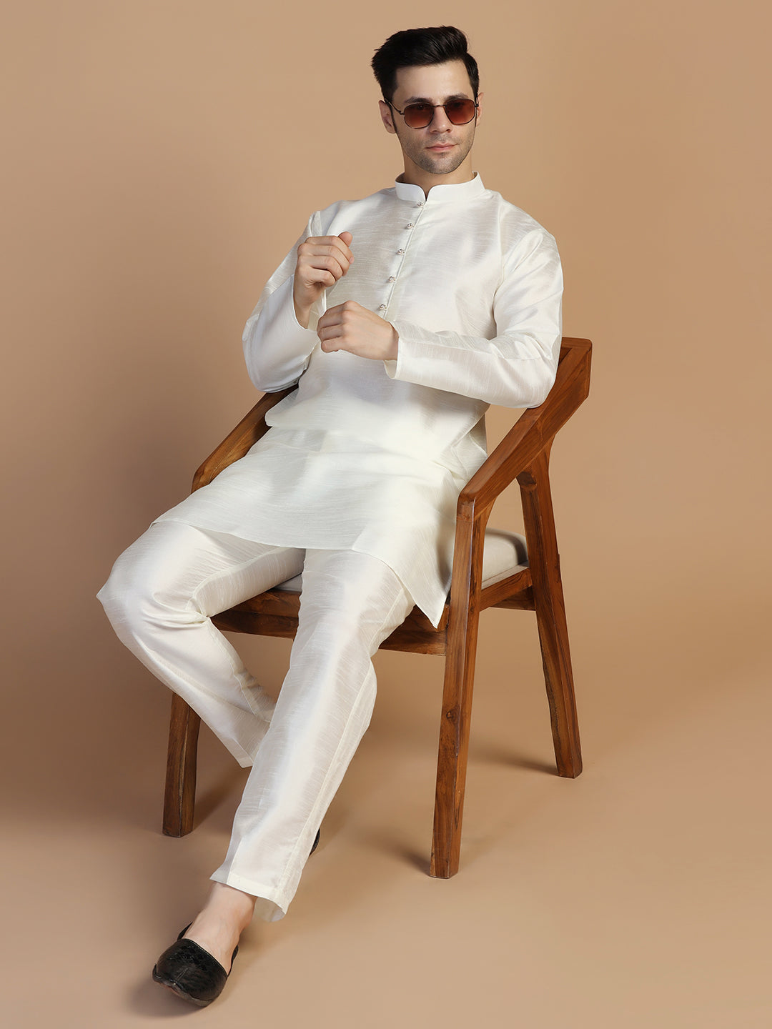 White Plain Dupion Kurta Set - Tahvo India