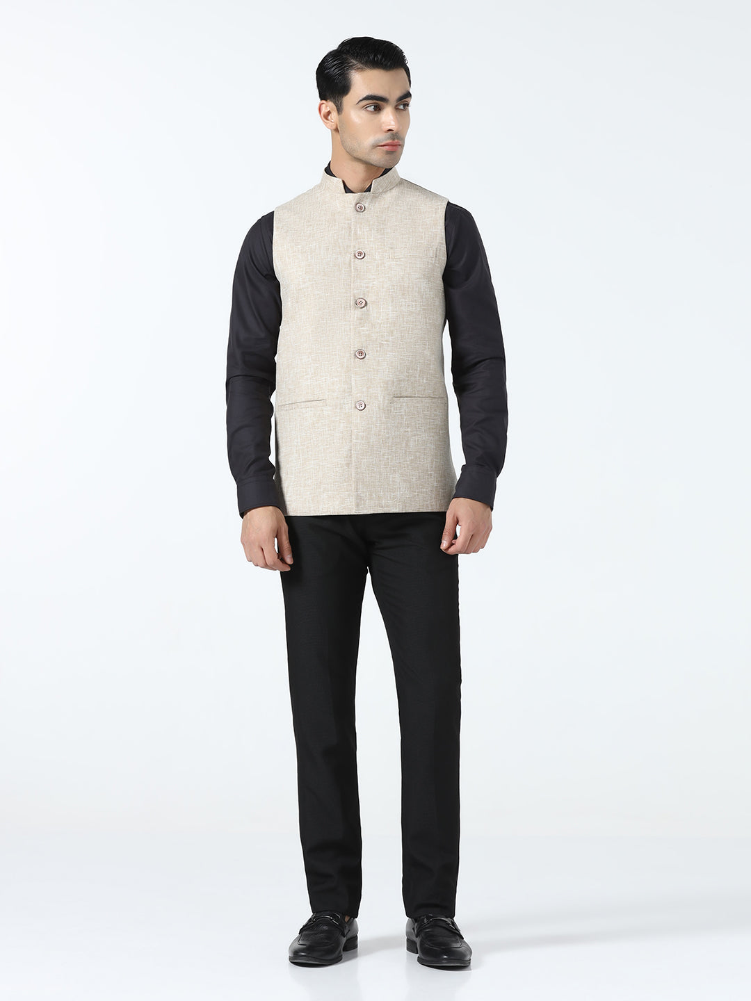 Men Beige Linen Nehru Jacket