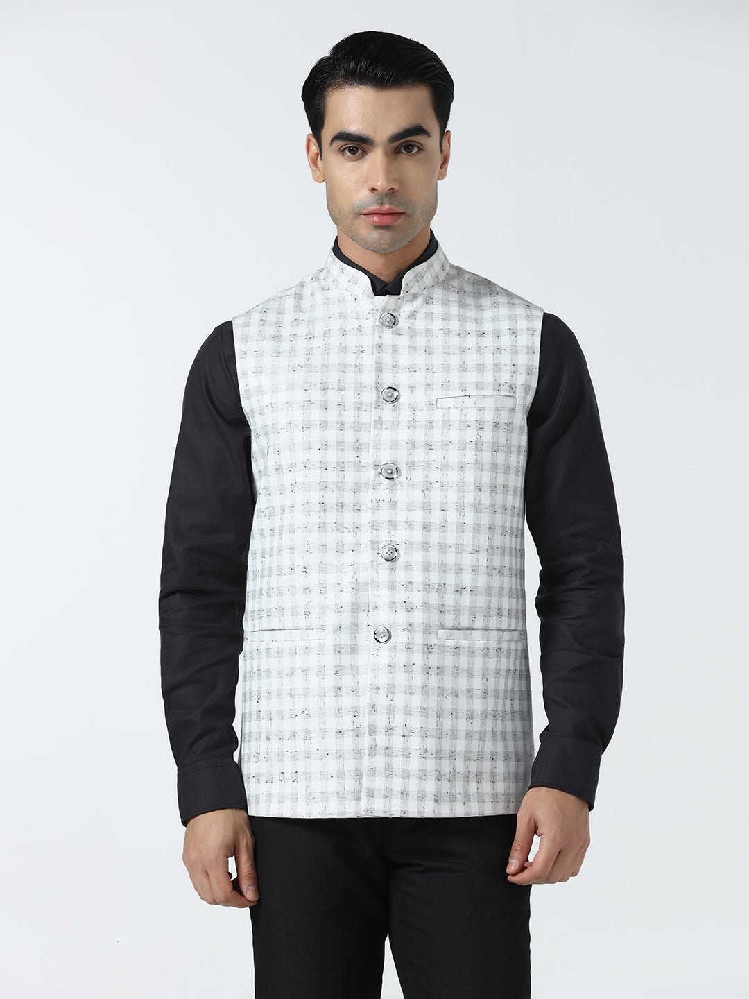 Men white checked nehru Jacket