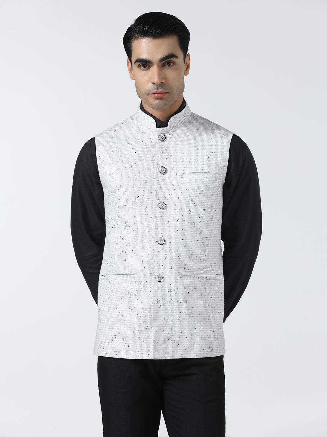 Men checked band collar nehru Jacket