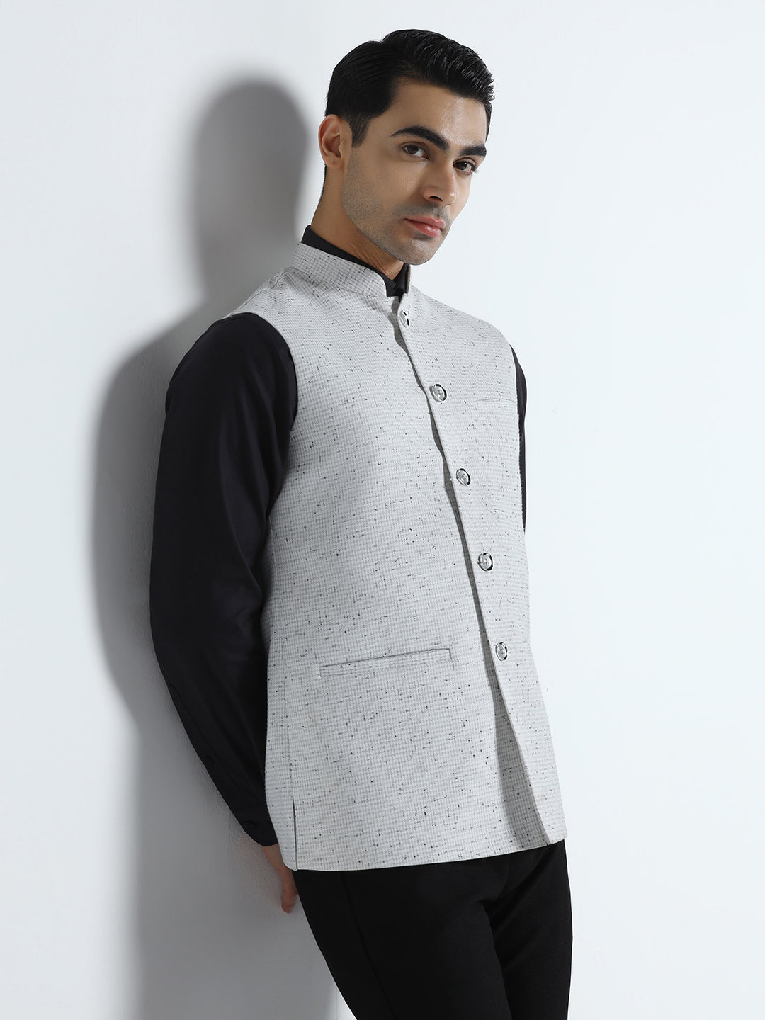Men checked band collar nehru Jacket