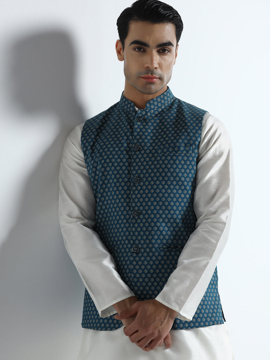 Men Blue Printed Nehru Jacket