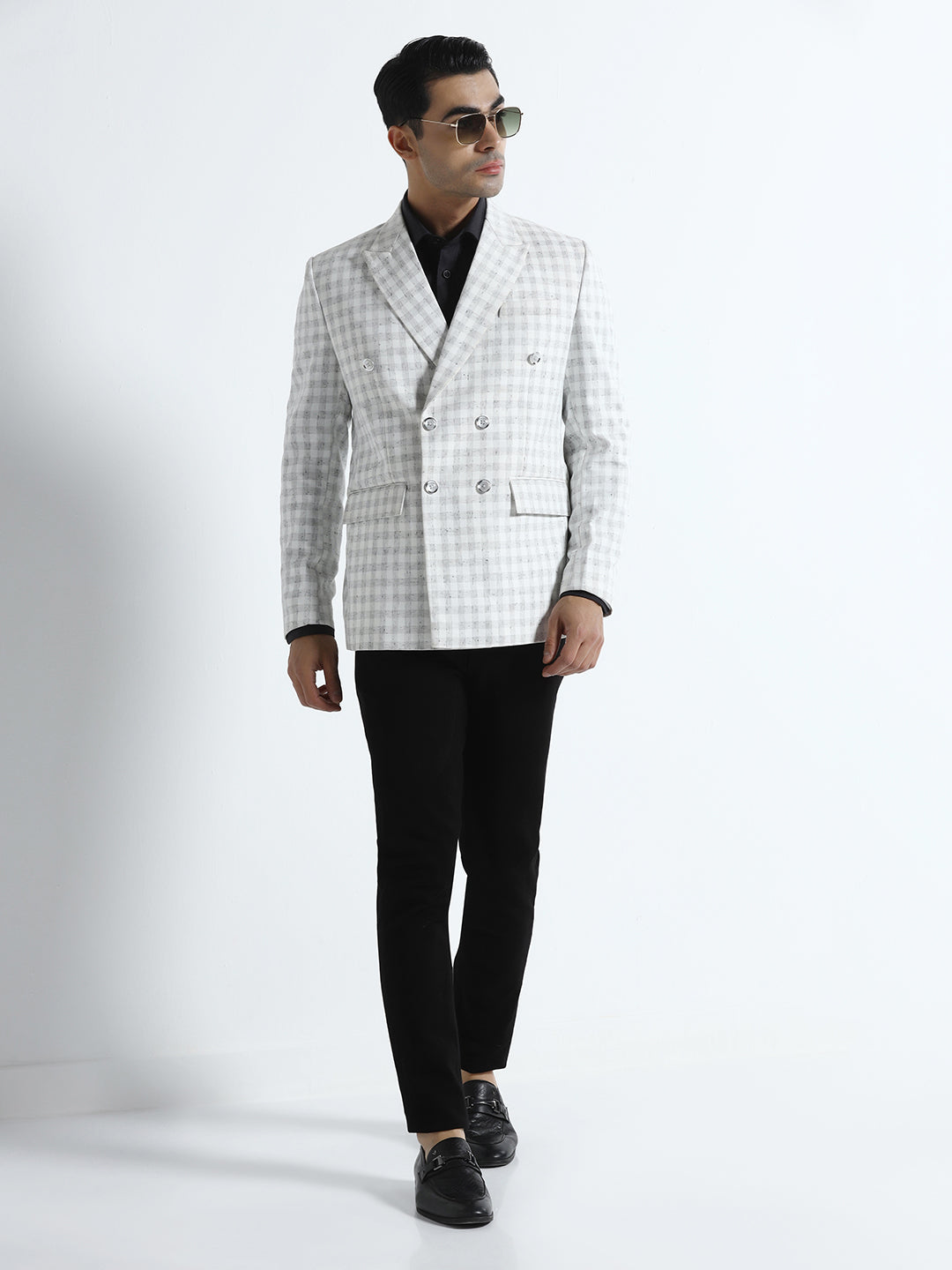 Men white checked double breasted Blazer