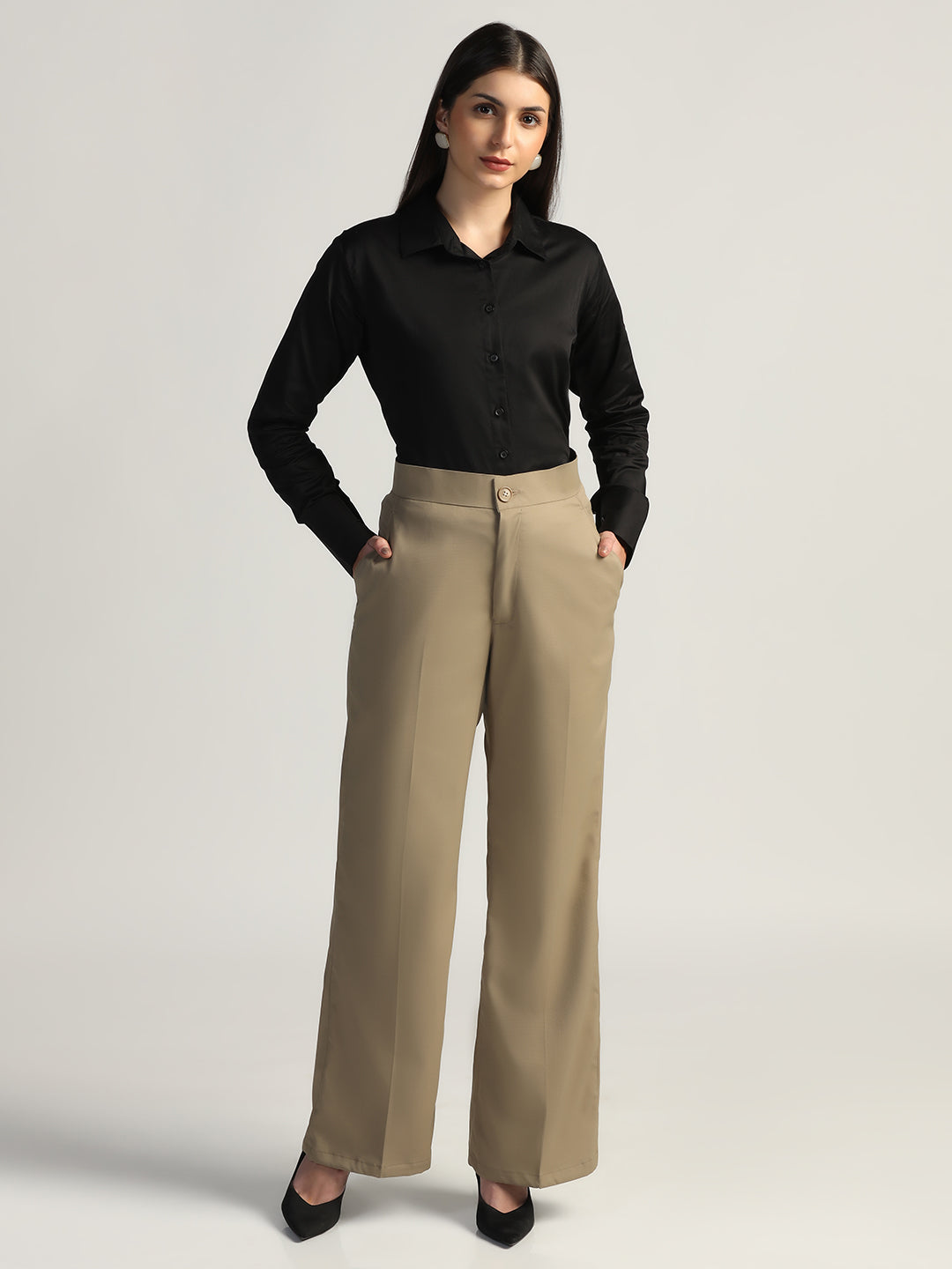 Women Beige High Waist Trouser