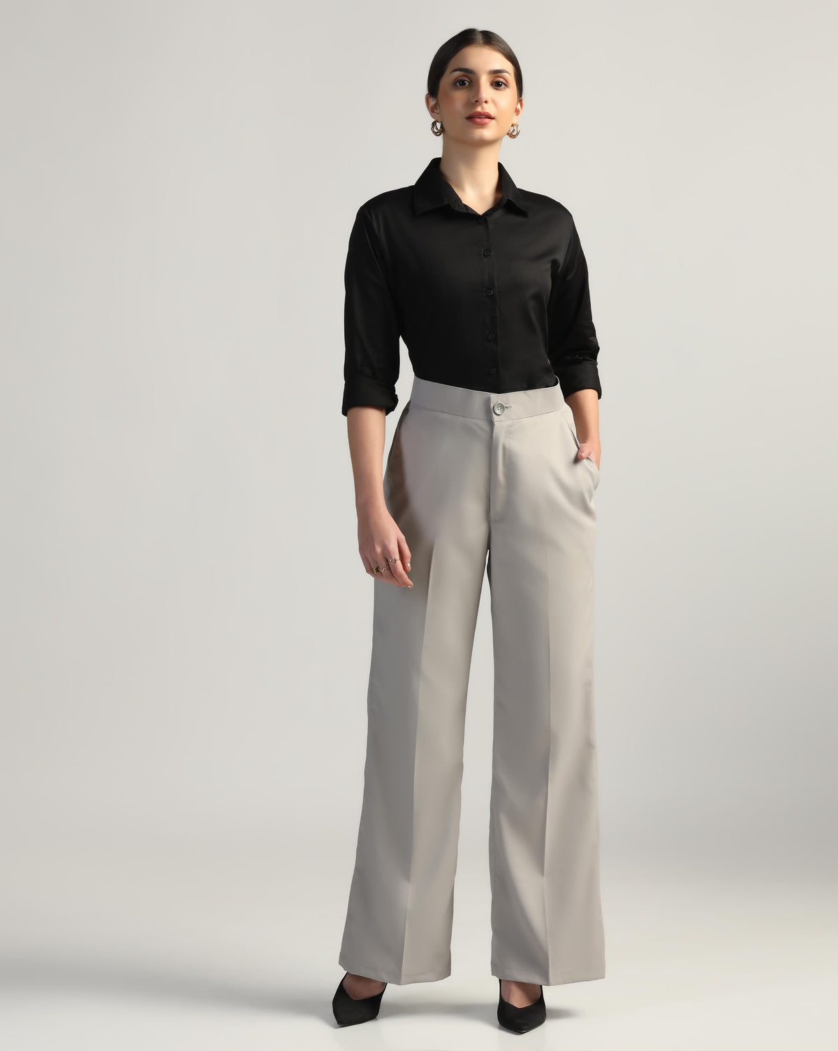 Women Light Grey High Waist Trouser - Tahvo India