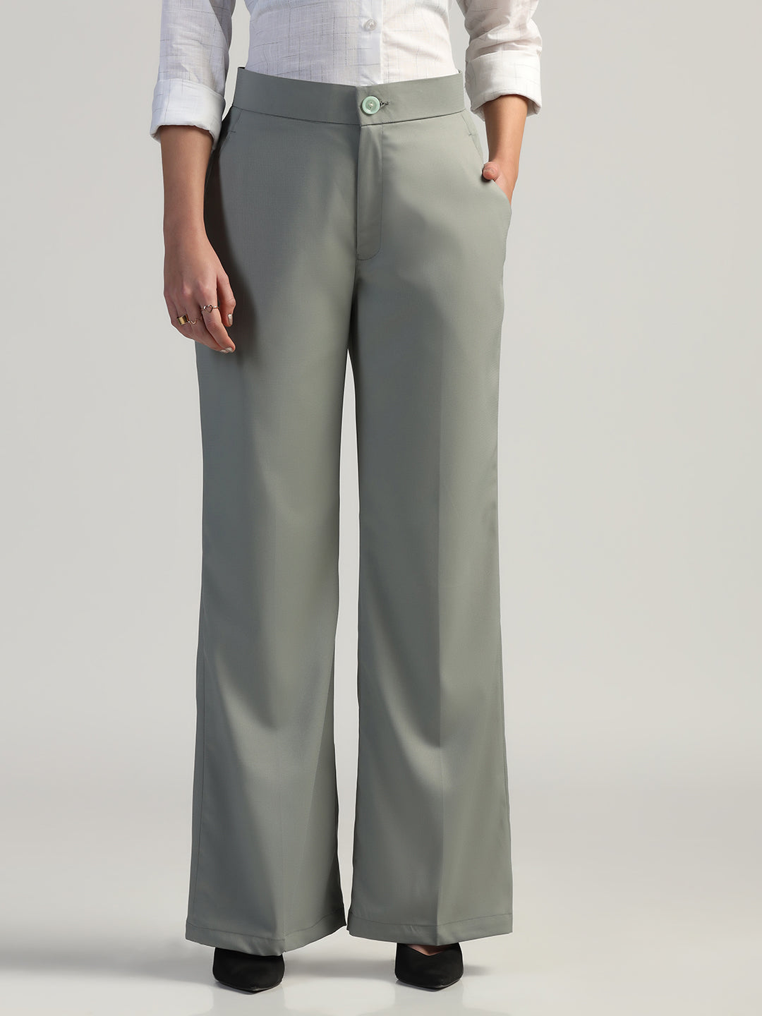 Women Pastel Grey High Waist Trouser - Tahvo India