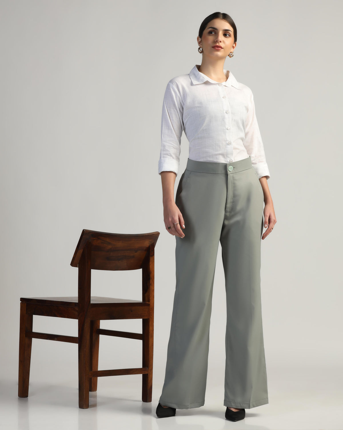 Women Pastel Grey High Waist Trouser - Tahvo India