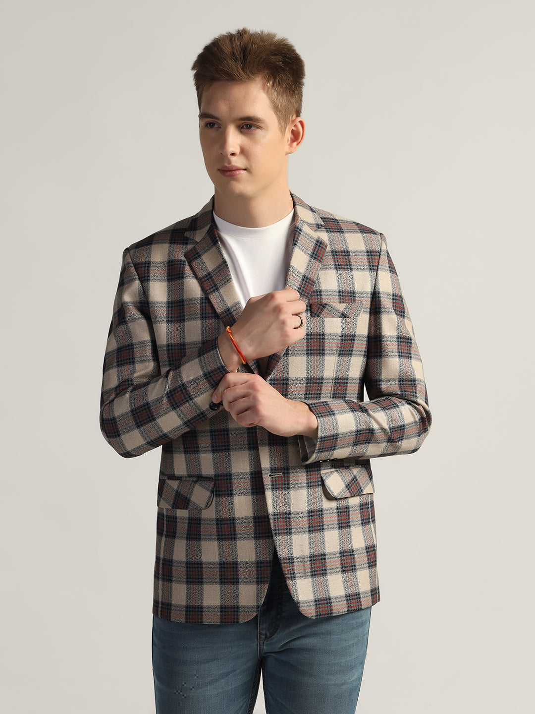 Mens Beige Checked Tweed Blazer