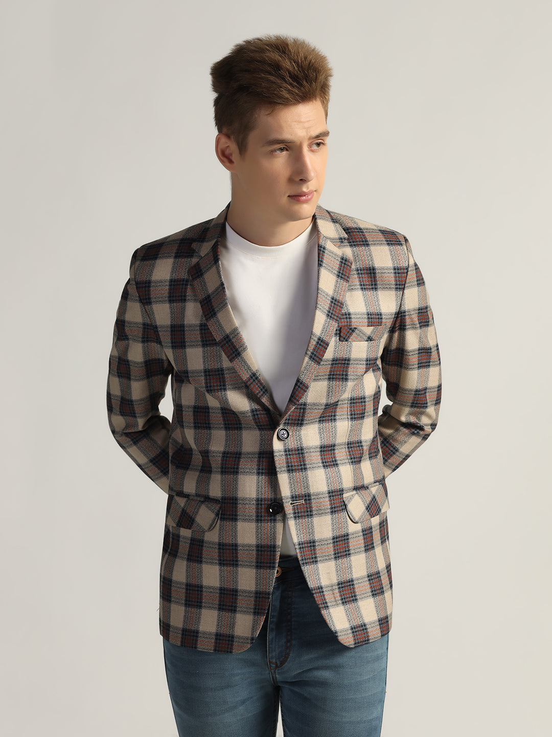 Mens Beige Checked Tweed Blazer