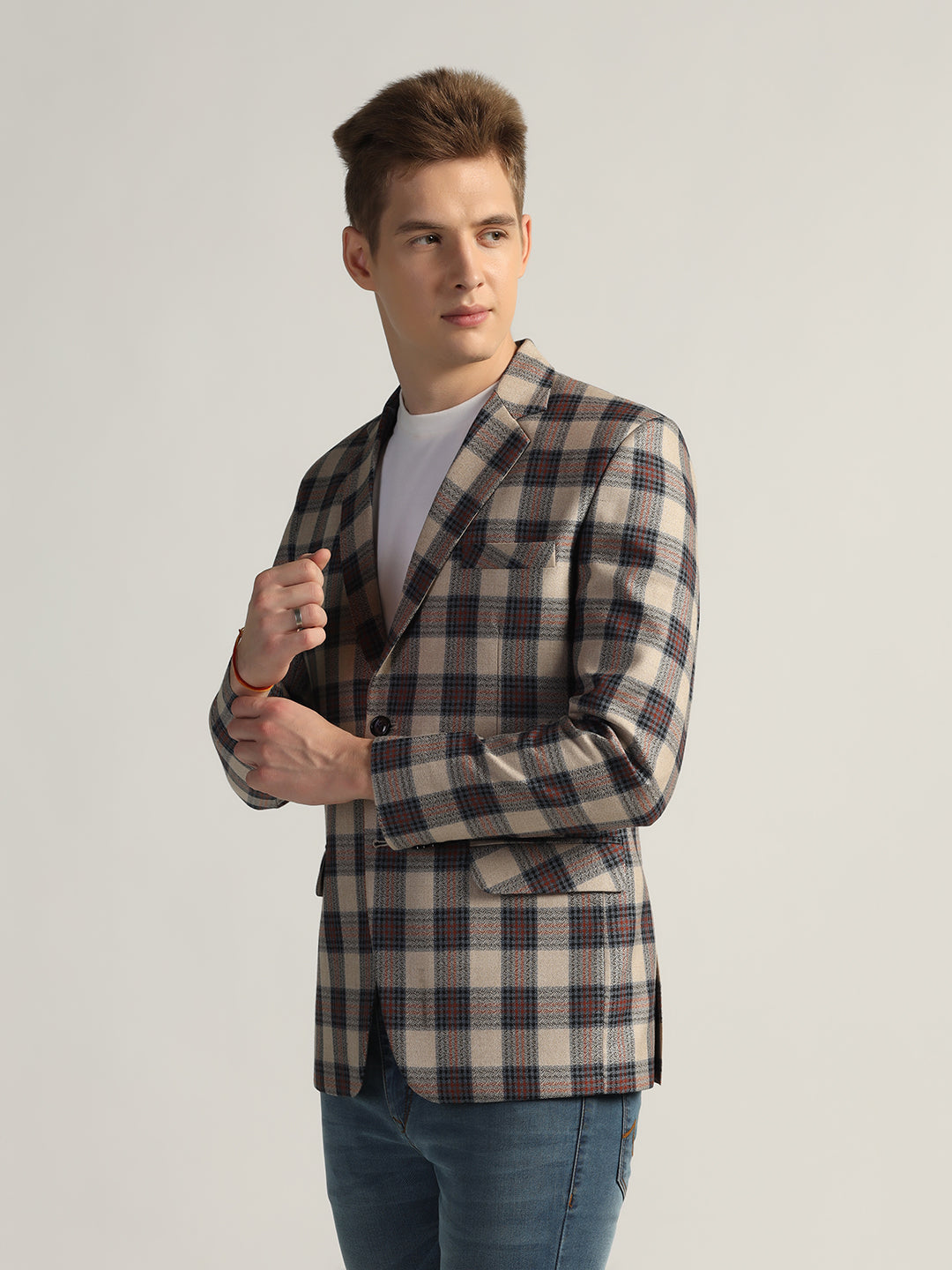 Mens Beige Checked Tweed Blazer