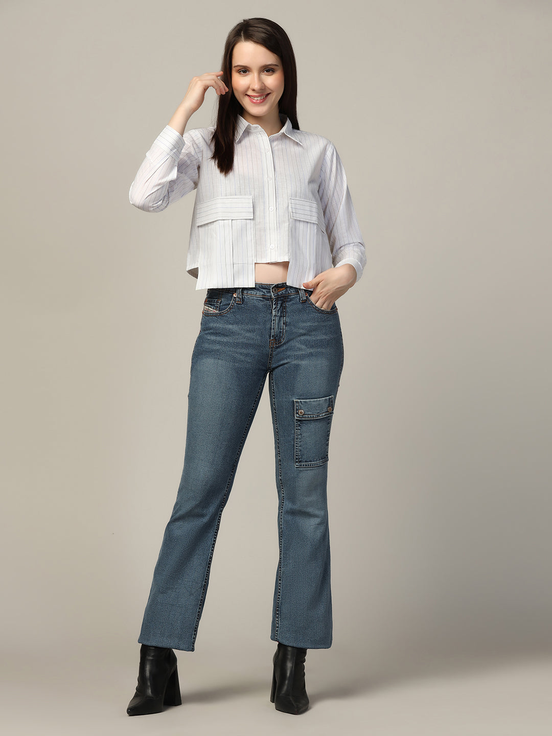 Women stripes crop shirt with long pockets - Tahvo India