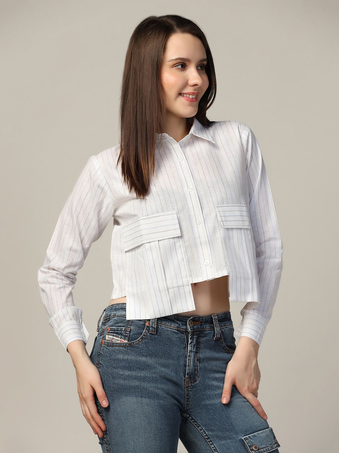Women stripes crop shirt with long pockets - Tahvo India