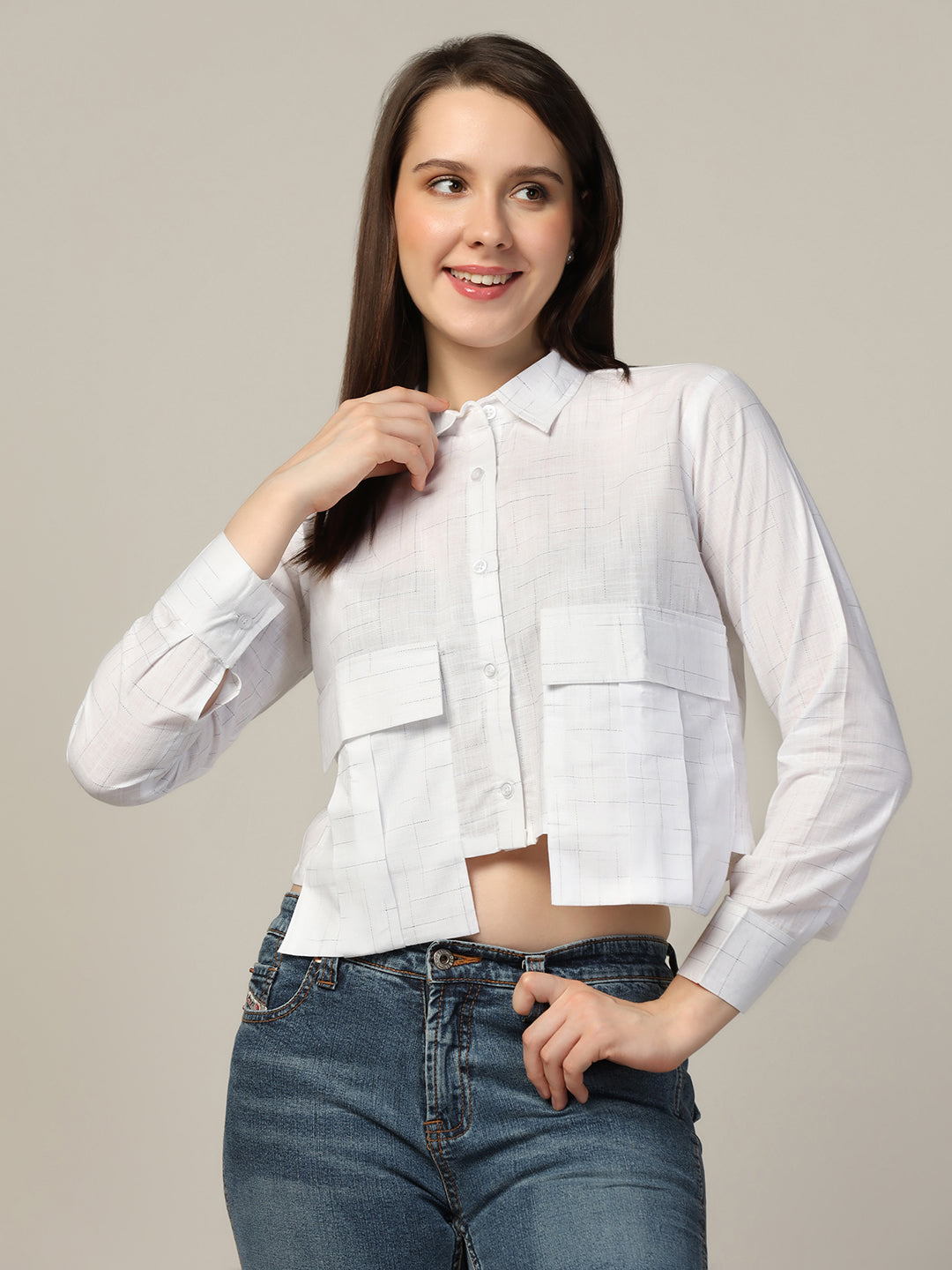 Women Check crop shirt with long pockets - Tahvo India