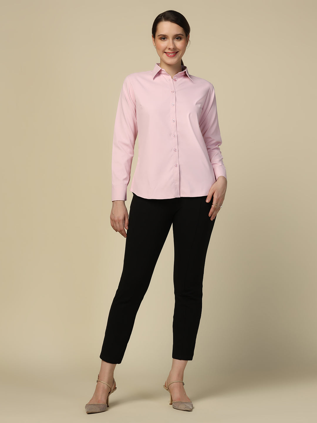Women pink full sleeves formal stretchable shirt - Tahvo India