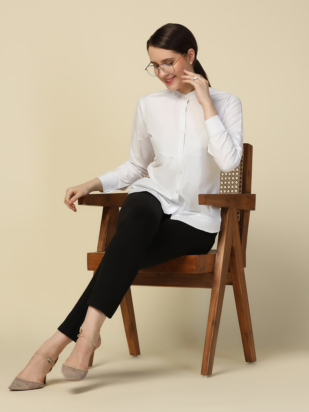 Women white solid mandarin collar shirt - Tahvo India