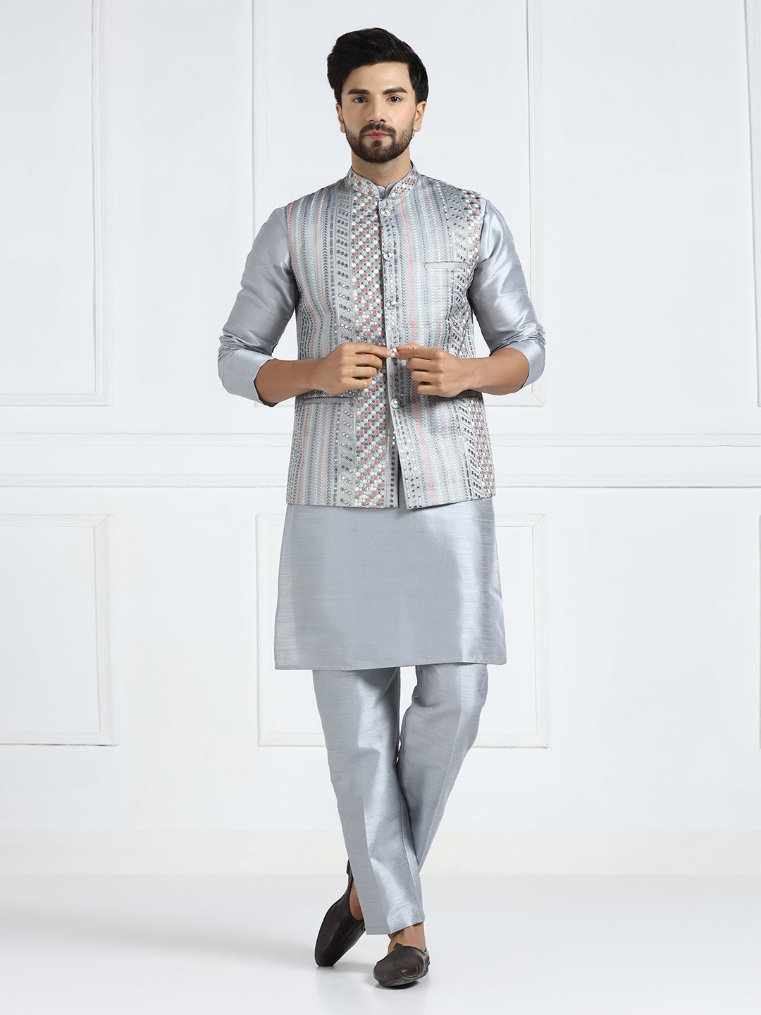 Grey embroidered Jacket with Kurta set