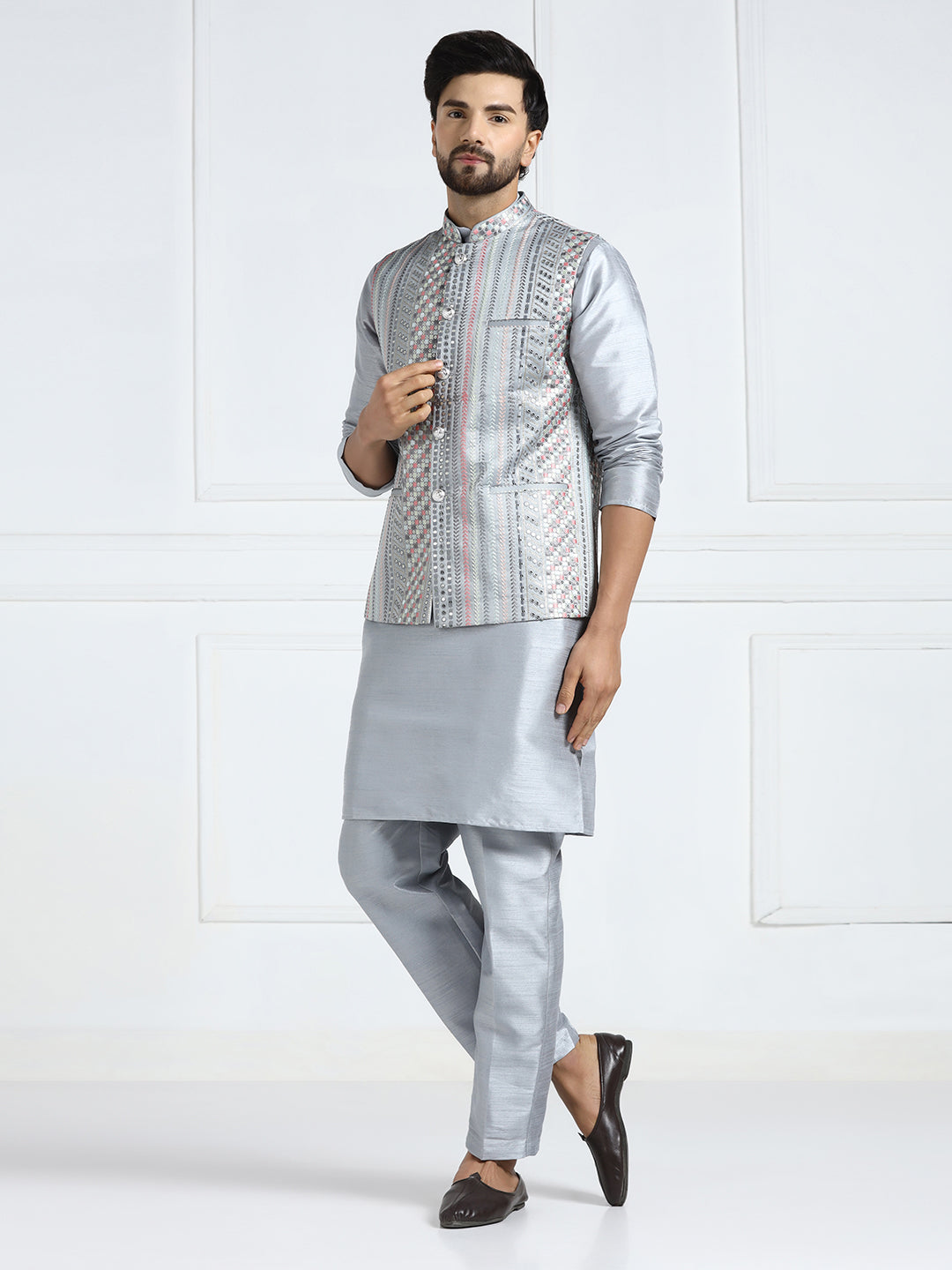 Grey embroidered Jacket with Kurta set