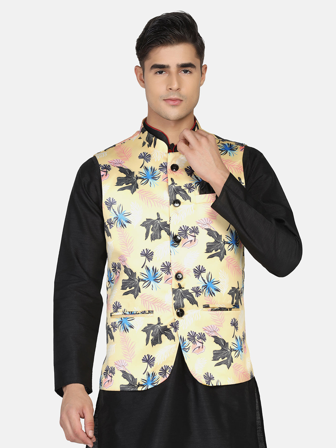 Men Yellow Printed Nehru Jacket - Tahvo India