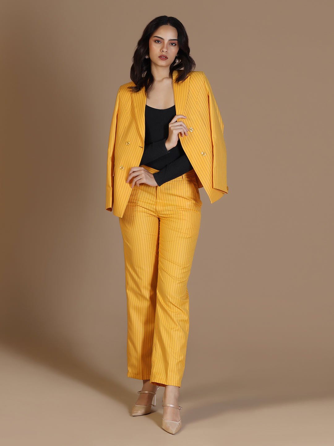 Women Yellow Stripes Elasticated Waistband Trouser