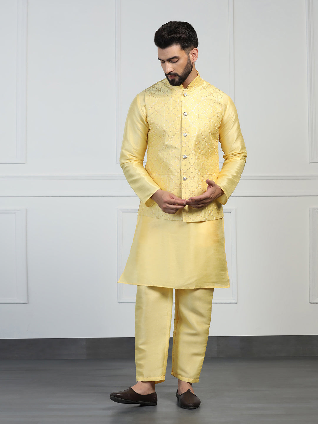 Men Yellow Embroidered Jacket With Kurta Pyjama